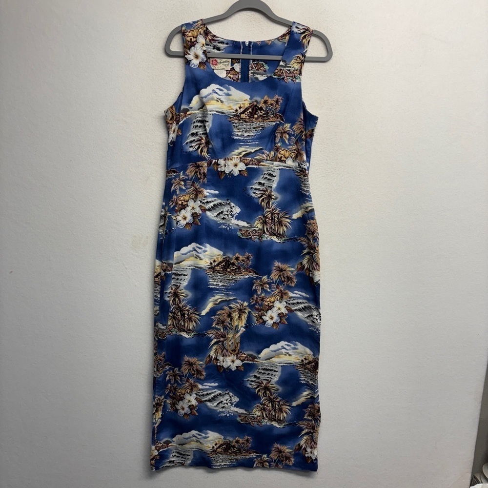 Hilo Hattie Blue maxi dress 10 floral palm mountain print tank